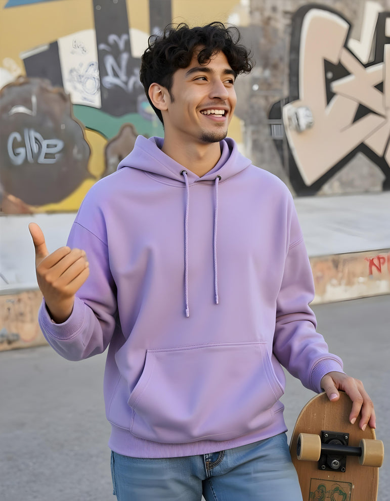 Men Solid Lavender Oversized Hoodie