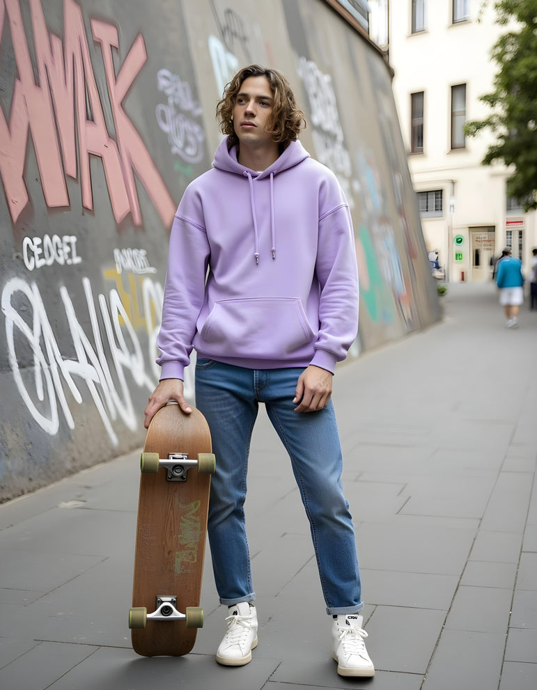 Men Solid Lavender Oversized Hoodie