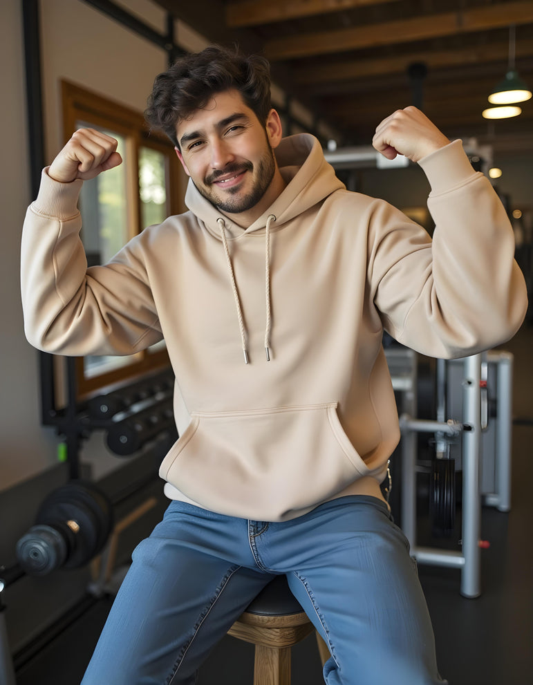 Men Solid Beige Oversized Hoodie