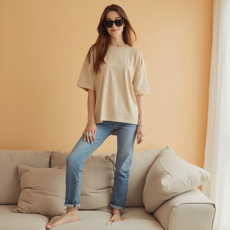 Women Solid Beige Oversized T-shirt