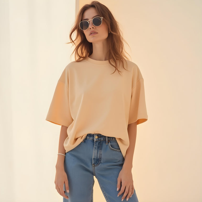 Women Solid Beige Oversized T-shirt